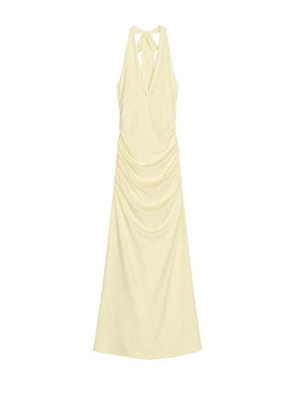Slim Fit Light Yellow V Neck Backless Cotton Long Dress Sleeveless