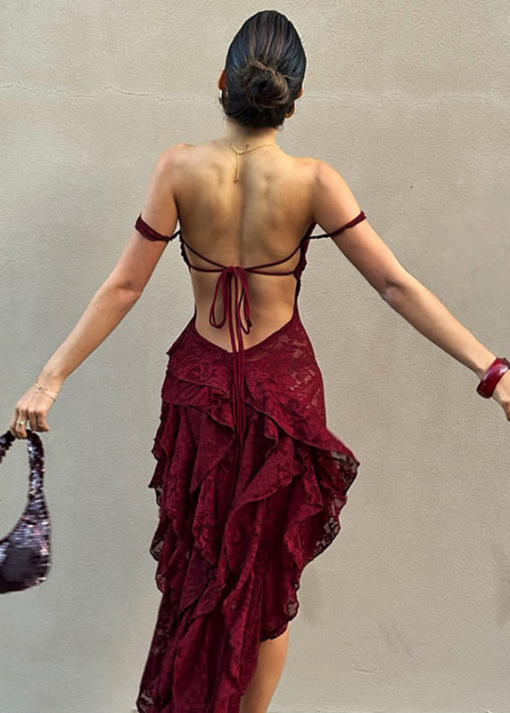 Slim Fit Mulberry Cold Shoulder Asymmetrical Maxi Dresses Summer