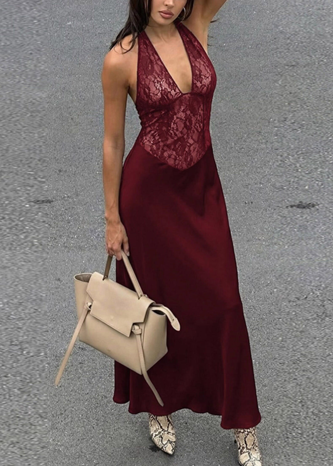 Slim Fit Mulberry Halter Button Maxi Dress Sleeveless