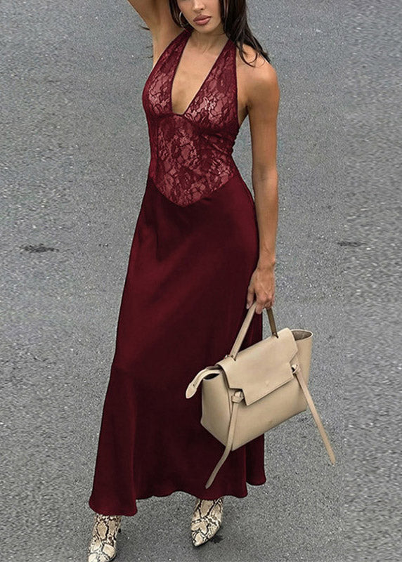 Slim Fit Mulberry Halter Button Maxi Dress Sleeveless