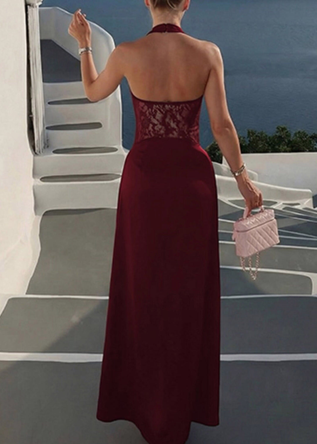Slim Fit Mulberry Halter Button Maxi Dress Sleeveless