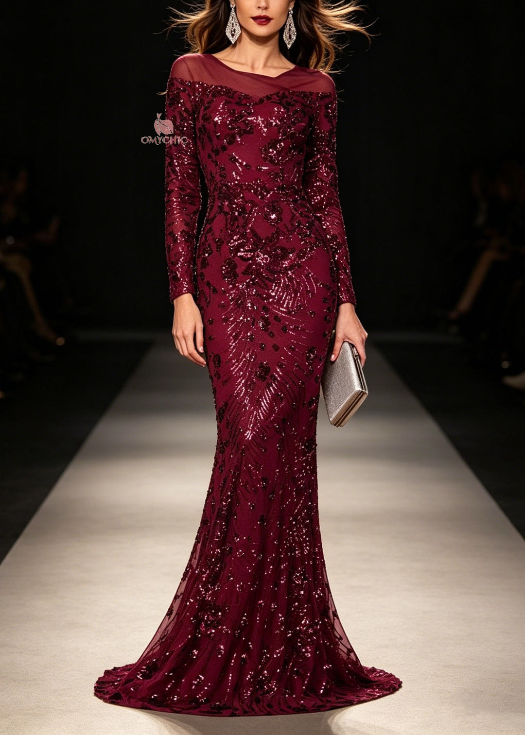 Slim Fit Mulberry O Neck Sequins Maxi Dresses Long Sleeve