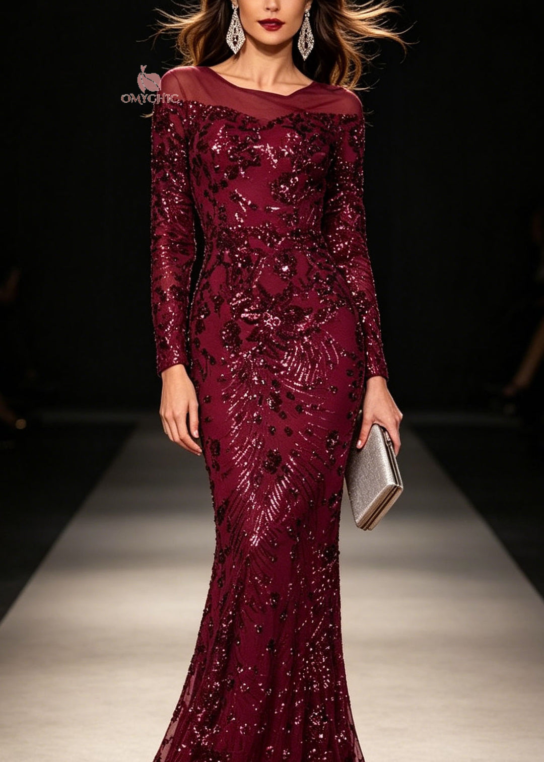 Slim Fit Mulberry O Neck Sequins Maxi Dresses Long Sleeve