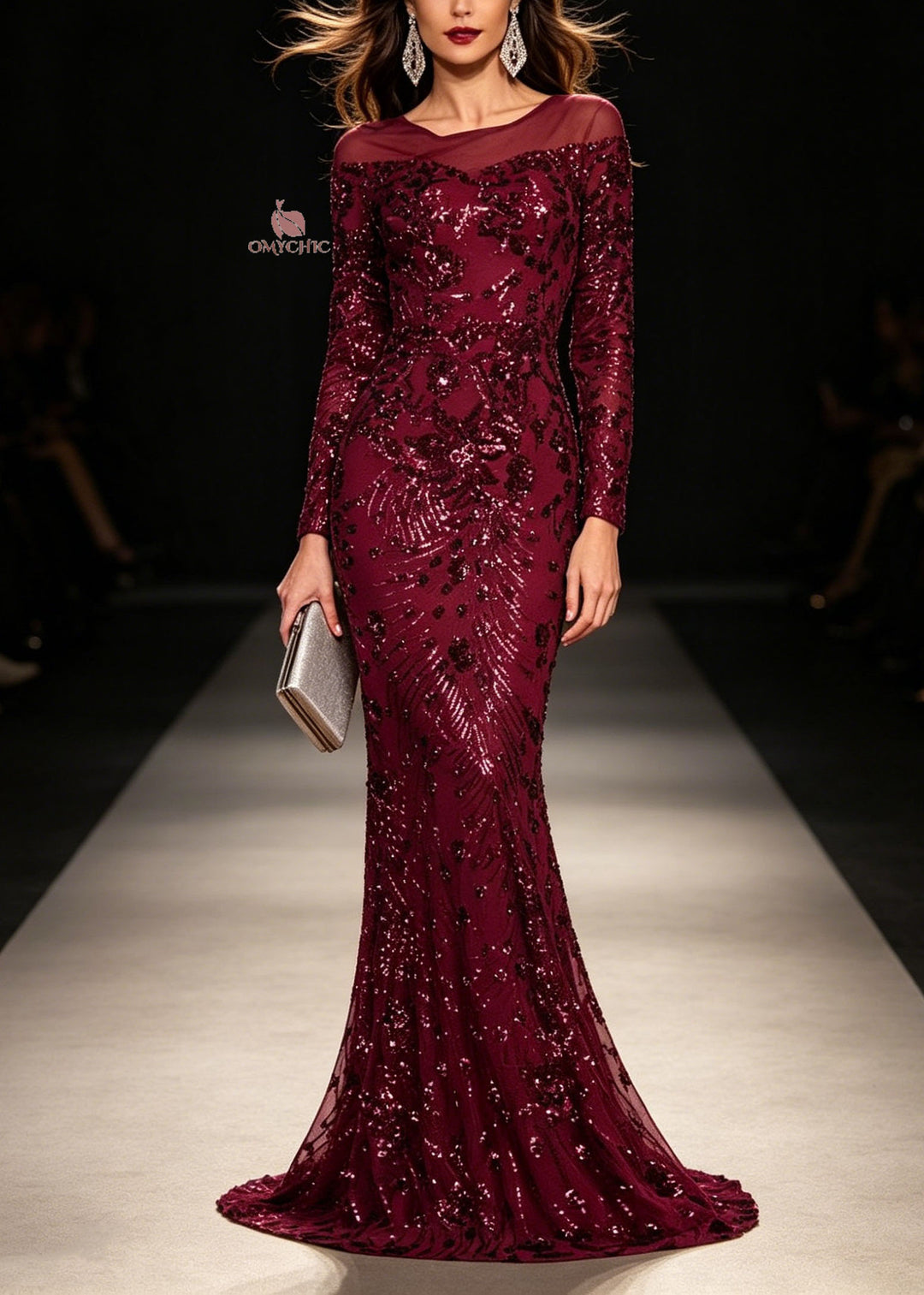 Slim Fit Mulberry O Neck Sequins Maxi Dresses Long Sleeve
