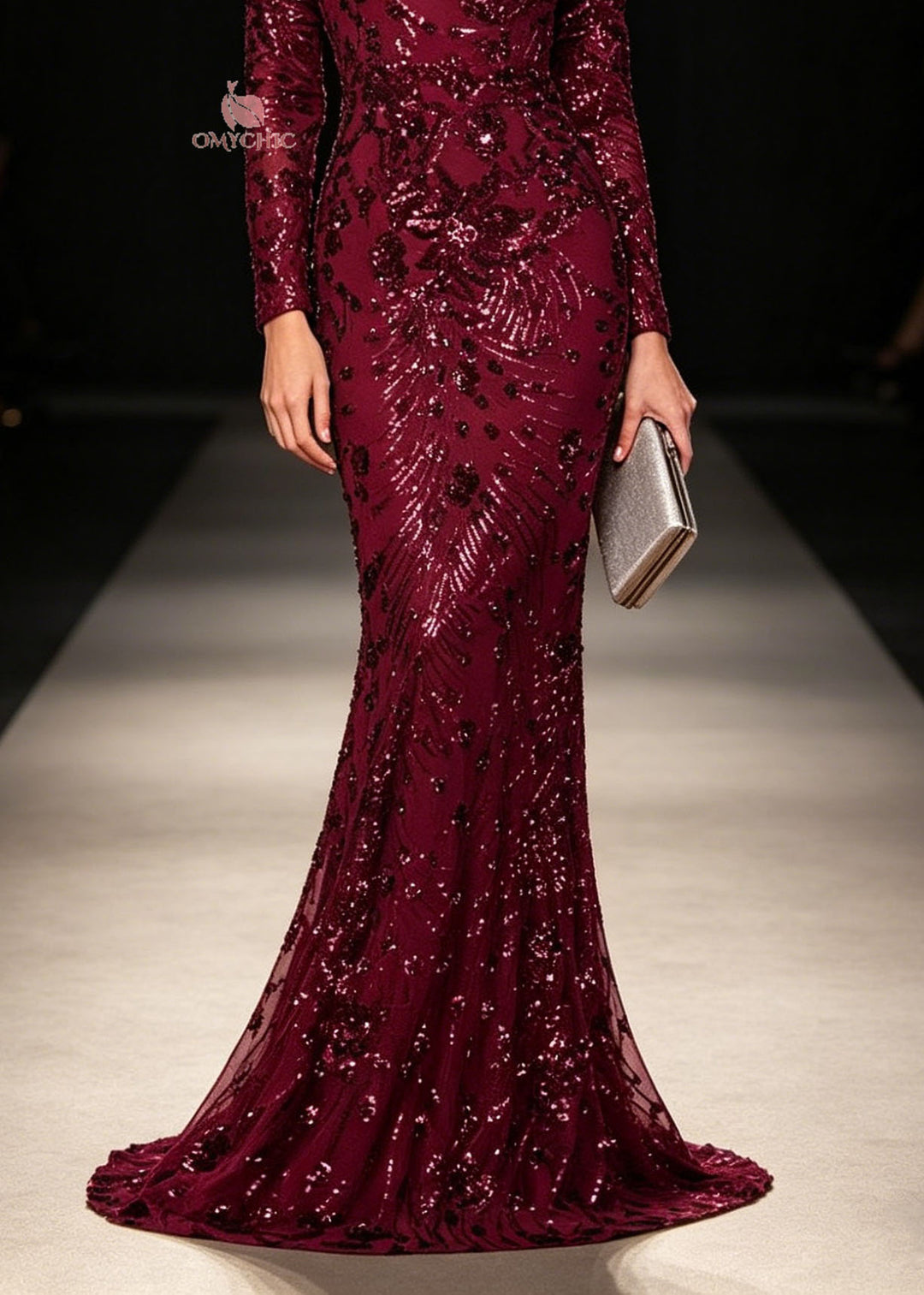 Slim Fit Mulberry O Neck Sequins Maxi Dresses Long Sleeve