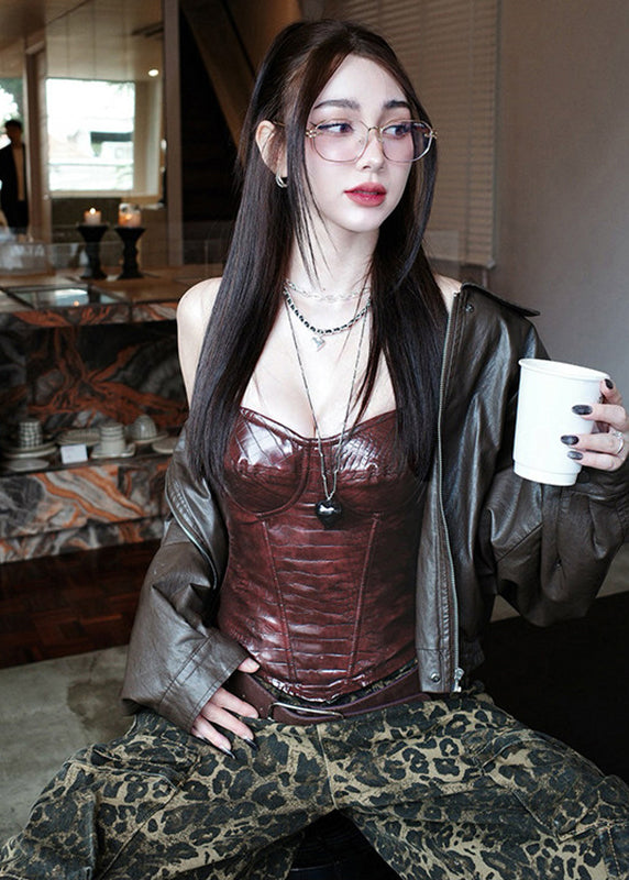 Slim Fit Mulberry Patchwork Faux Leather Vest Sleeveless