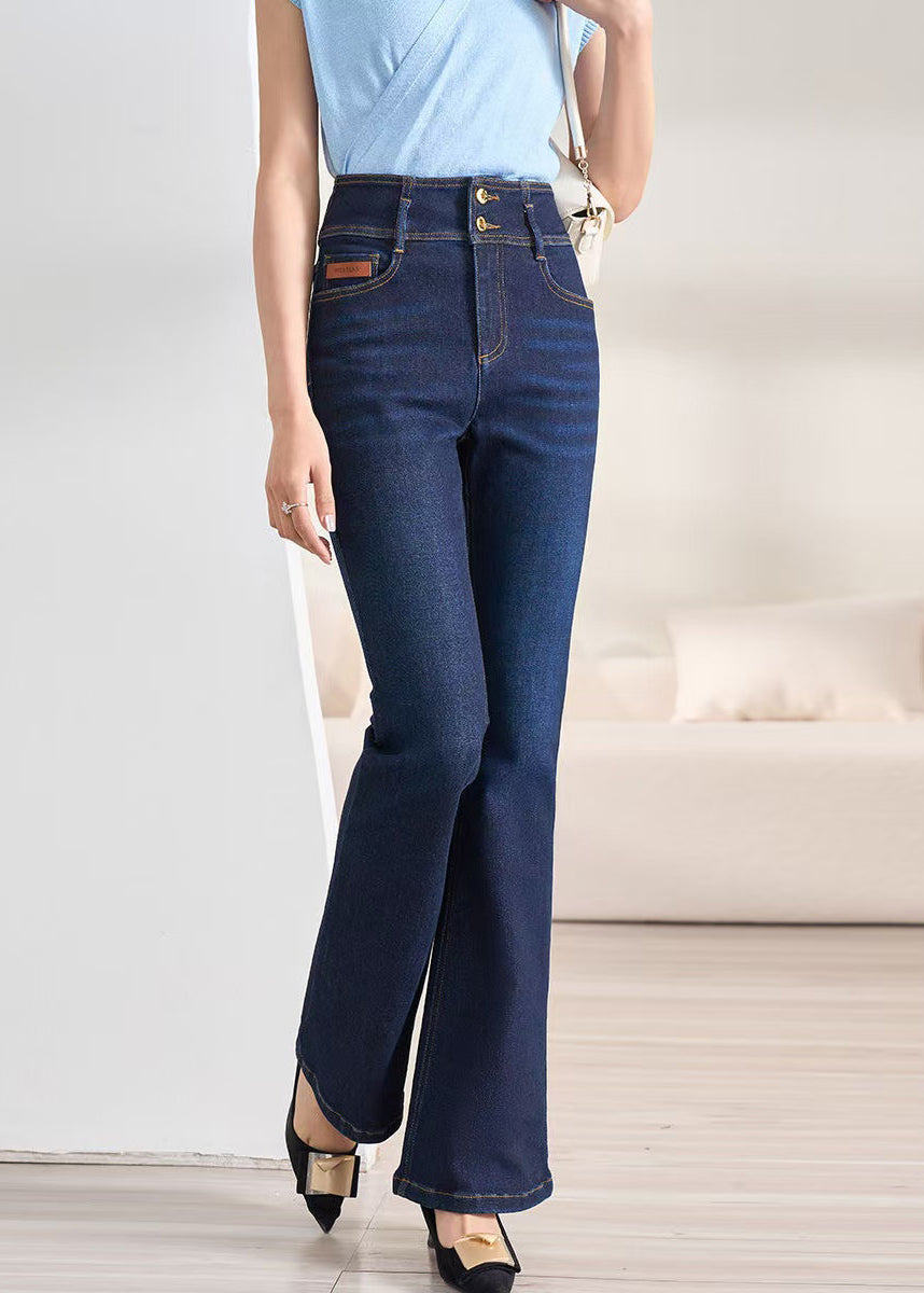Slim Fit Navy Button High Waist Denim Flare Bottoms Fall