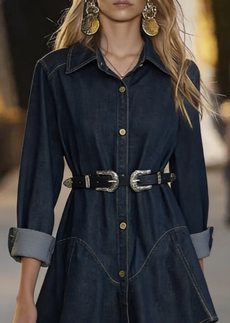 Slim Fit Navy Peter Pan Collar Sashes Denim Mid Dress - Omychic