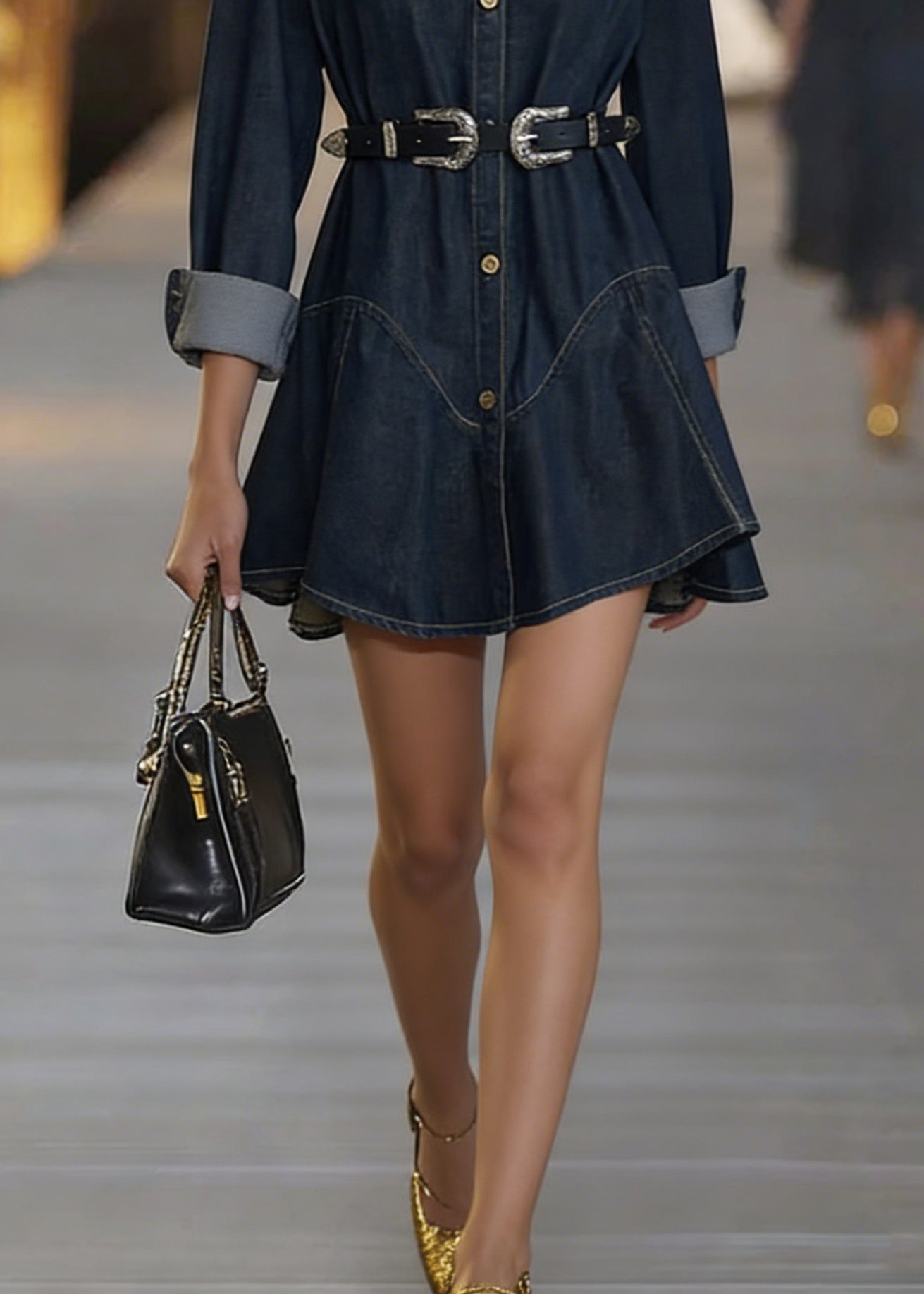 Slim Fit Navy Peter Pan Collar Sashes Denim Mid Dress - Omychic