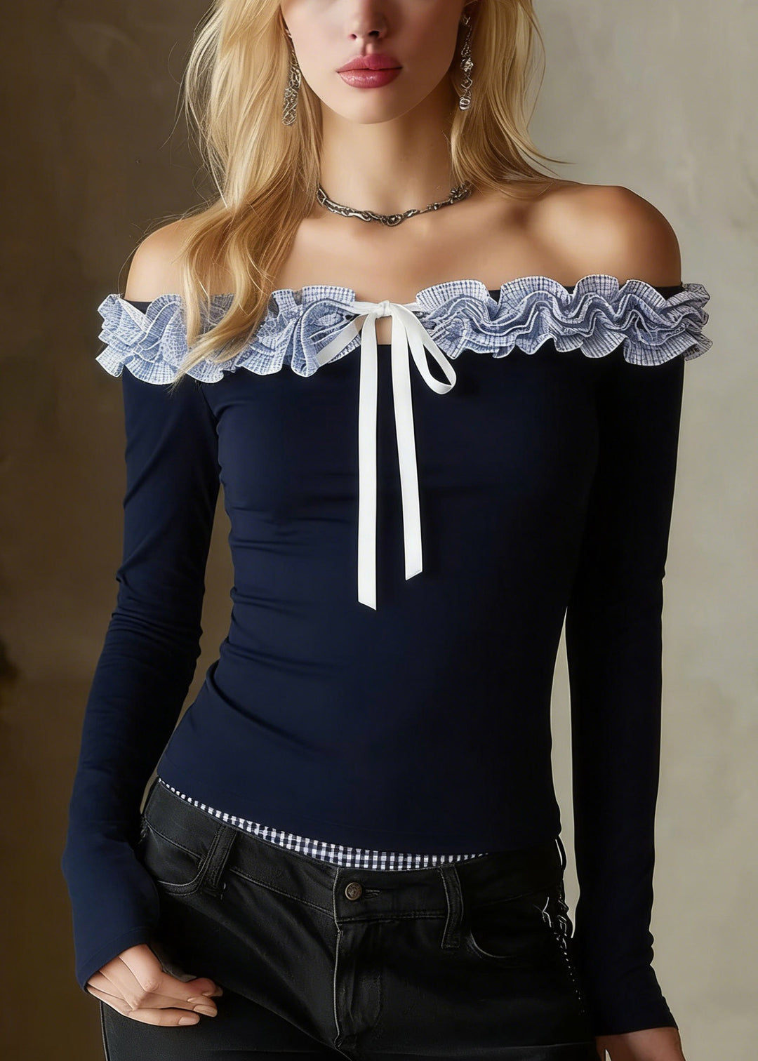 Slim Fit Navy Ruffled Patchwork Floral Top Spring