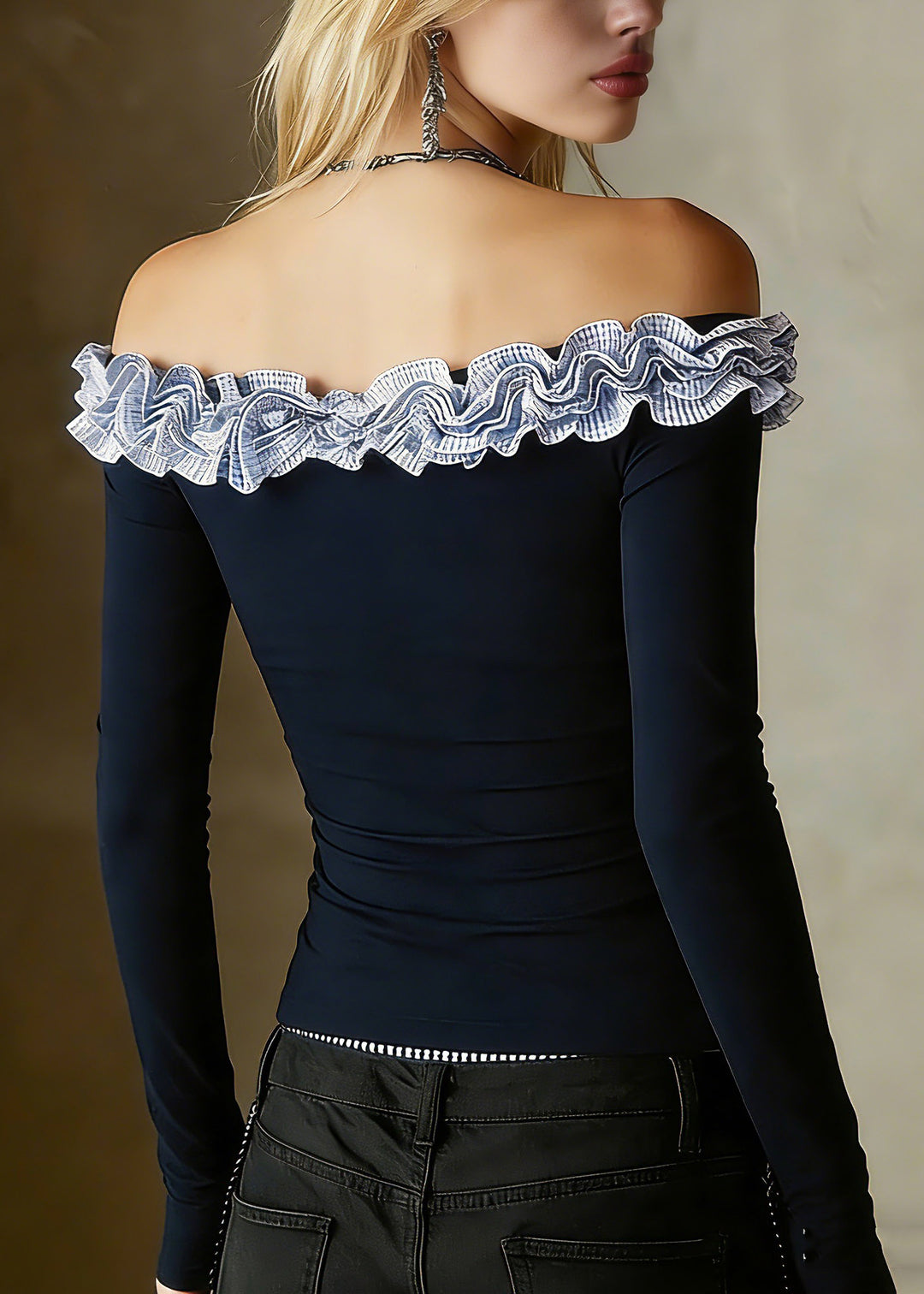 Slim Fit Navy Ruffled Patchwork Floral Top Spring