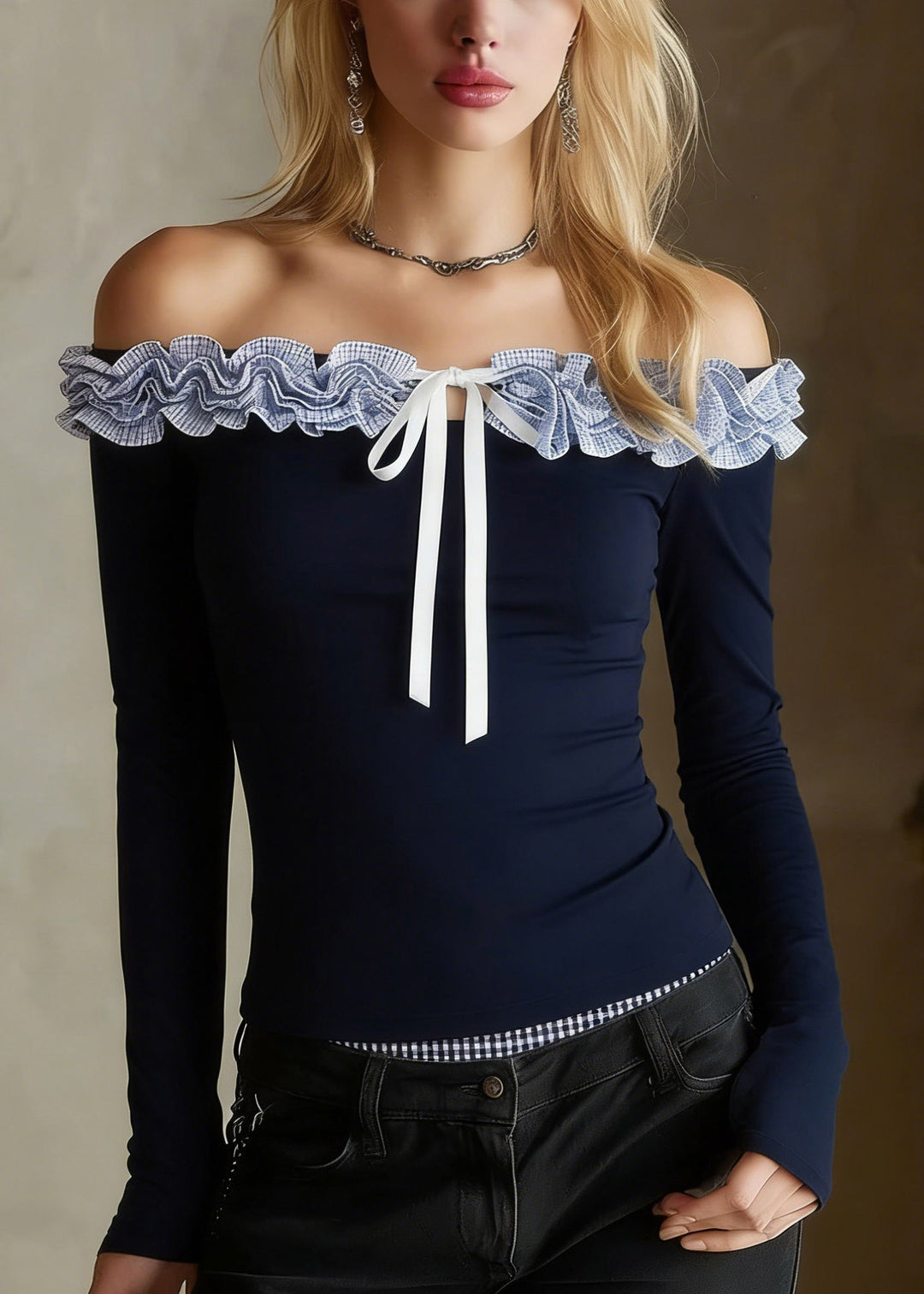 Slim Fit Navy Ruffled Patchwork Floral Top Spring