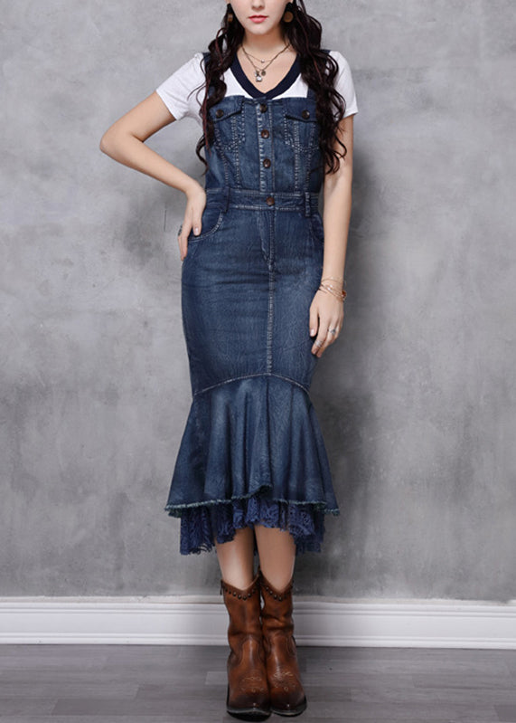 Slim Fit Navy Slash Neck Patchwork Spaghetti Strap Denim Fishtail Dress Summer
