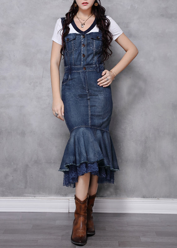 Slim Fit Navy Slash Neck Patchwork Spaghetti Strap Denim Fishtail Dress Summer