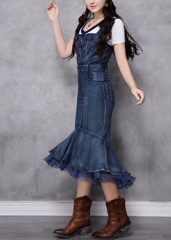 Slim Fit Navy Slash Neck Patchwork Spaghetti Strap Denim Fishtail Dress Summer