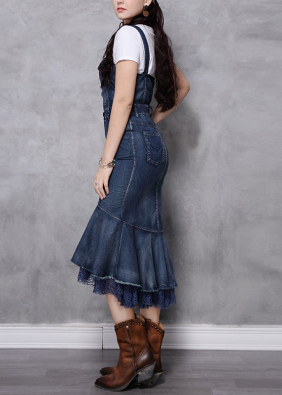 Slim Fit Navy Slash Neck Patchwork Spaghetti Strap Denim Fishtail Dress Summer