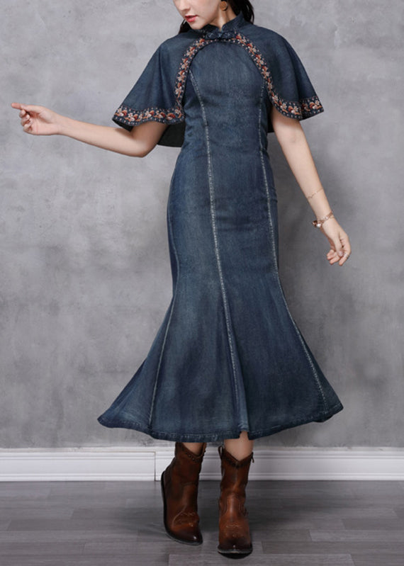 Slim Fit Navy Stand Collar Patchwork Long Denim Dresses Summer