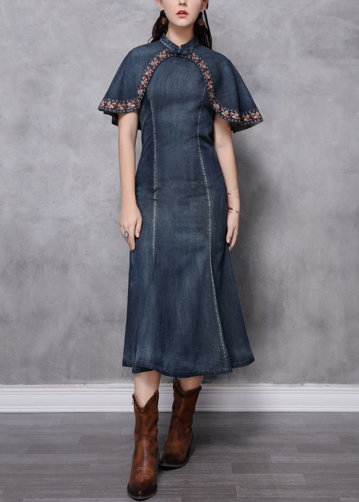 Slim Fit Navy Stand Collar Patchwork Long Denim Dresses Summer