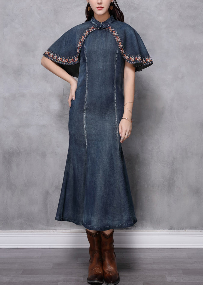 Slim Fit Navy Stand Collar Patchwork Long Denim Dresses Summer