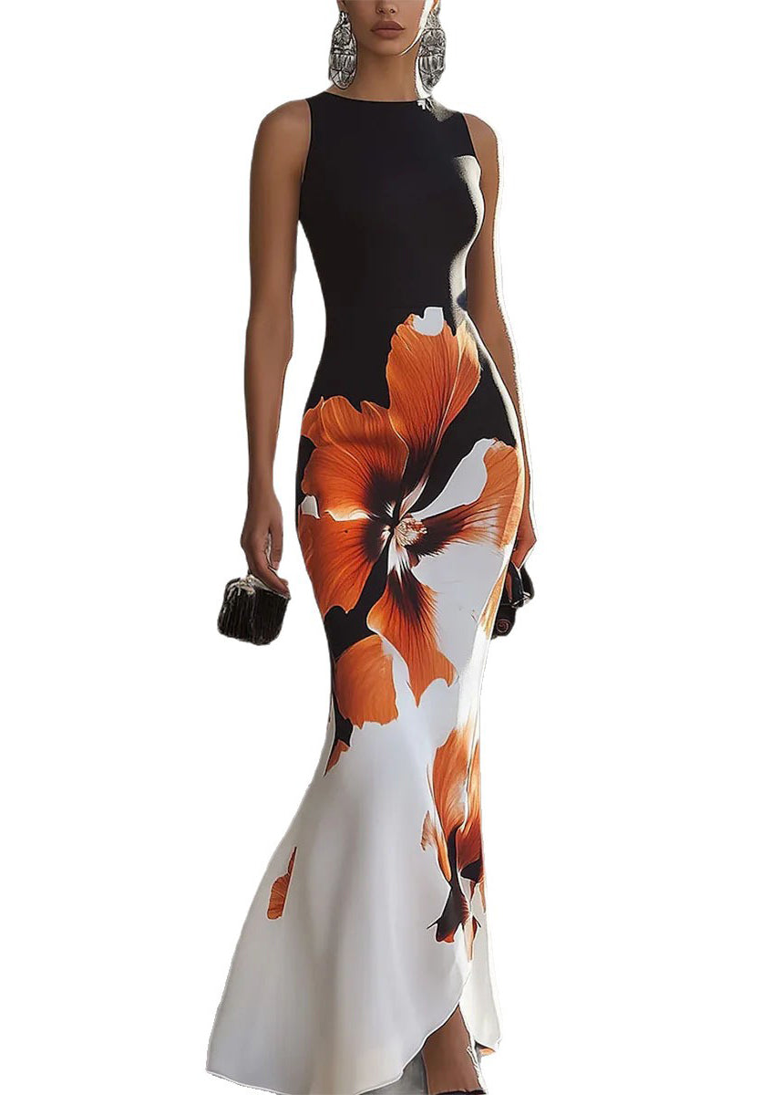 Slim Fit O Neck Print Cotton Long Dress Sleeveless