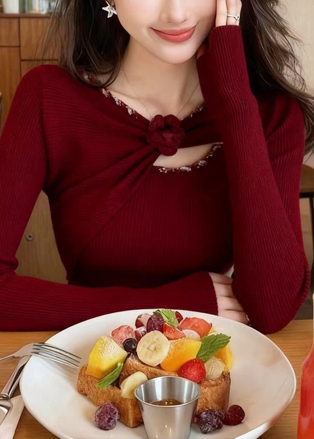 Slim Fit Oatmeal Floral Solid Knit Sweater Spring