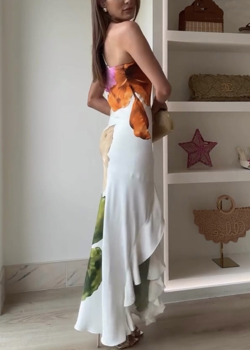 Slim Fit One Shoulder Print Zippered Cotton Long Dresses Sleeveless