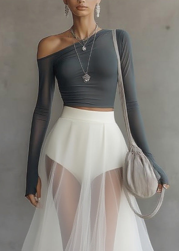 Slim Fit One Shoulder Top And Tulle Skirts Two Pieces Set Spring - Omychic