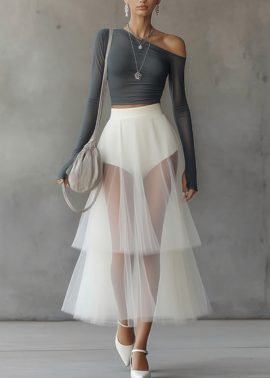 Slim Fit One Shoulder Top And Tulle Skirts Two Pieces Set Spring - Omychic