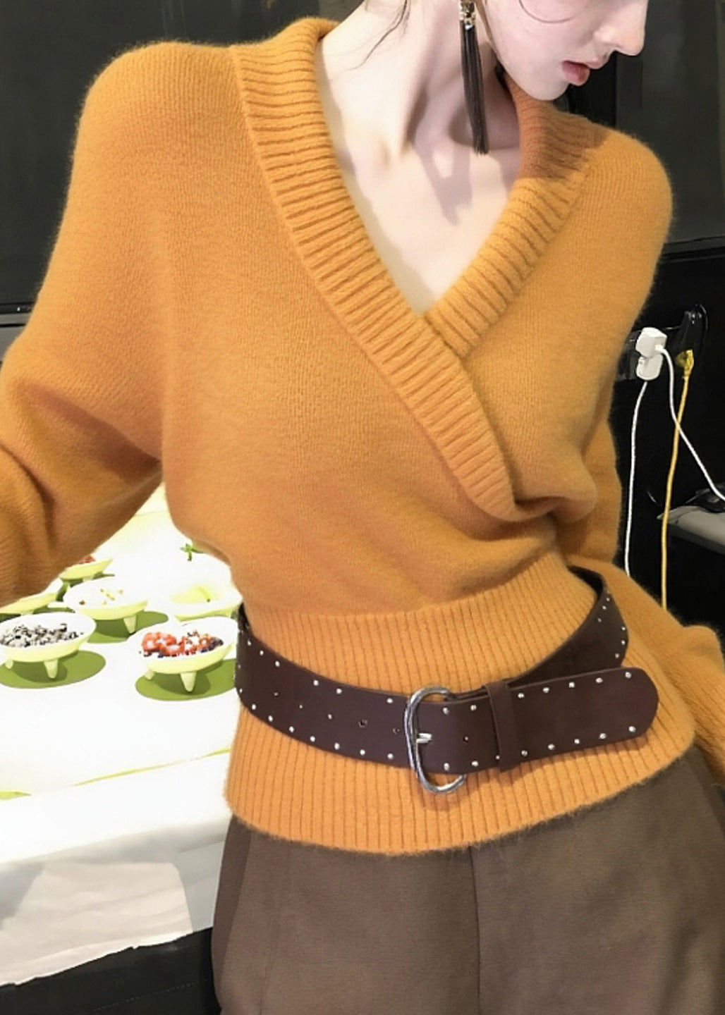 Slim Fit Orange V Neck Cozy Knit Sweater Fall