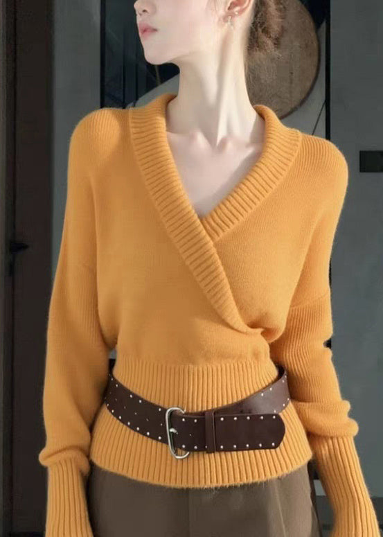 Slim Fit Orange V Neck Cozy Knit Sweater Fall