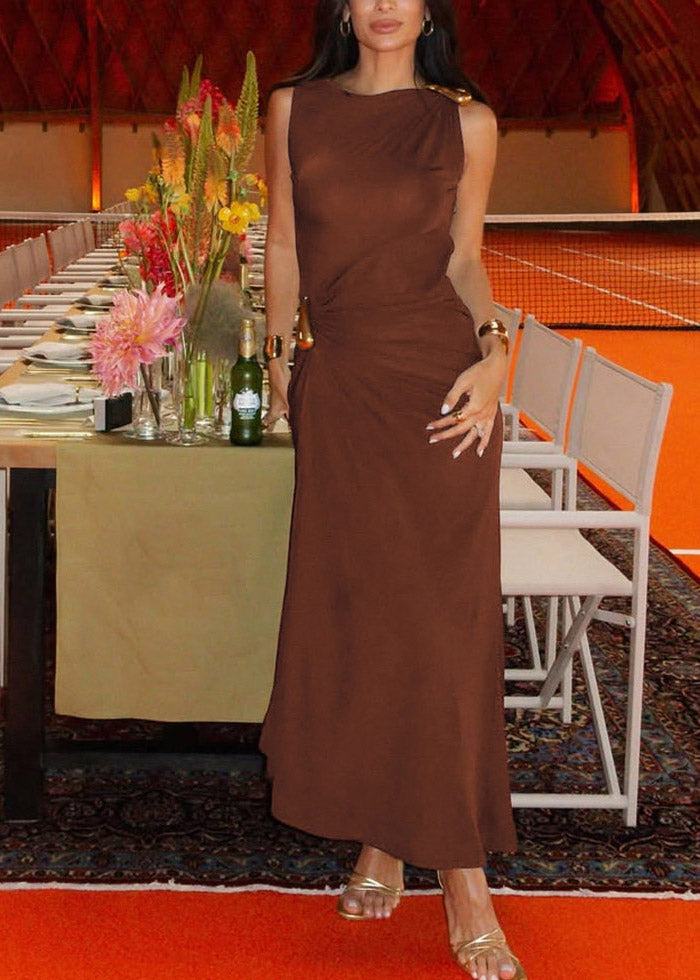 Slim Fit Orange Wrinkled Metal Button Solid Maxi Dresses Summer