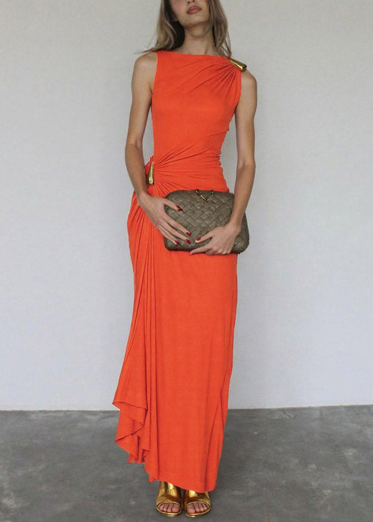 Slim Fit Orange Wrinkled Metal Button Solid Maxi Dresses Summer