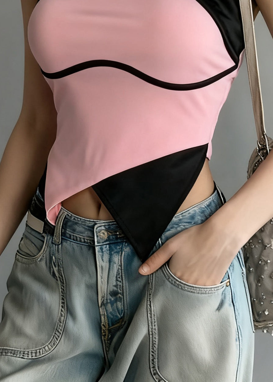 Slim Fit Pink Backless Cross Patchwork Cotton Tank Sleeveless