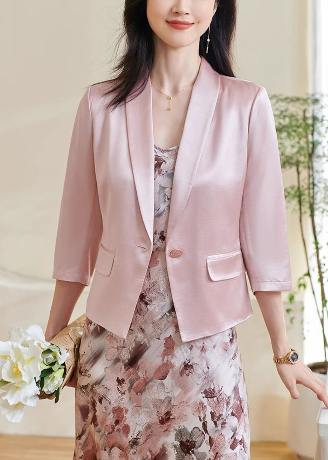 Slim Fit Pink Button Solid Silk Coats Bracelet Sleeve