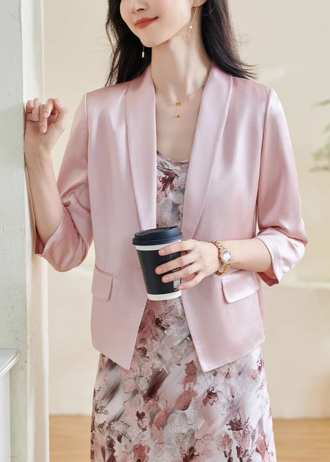 Slim Fit Pink Button Solid Silk Coats Bracelet Sleeve