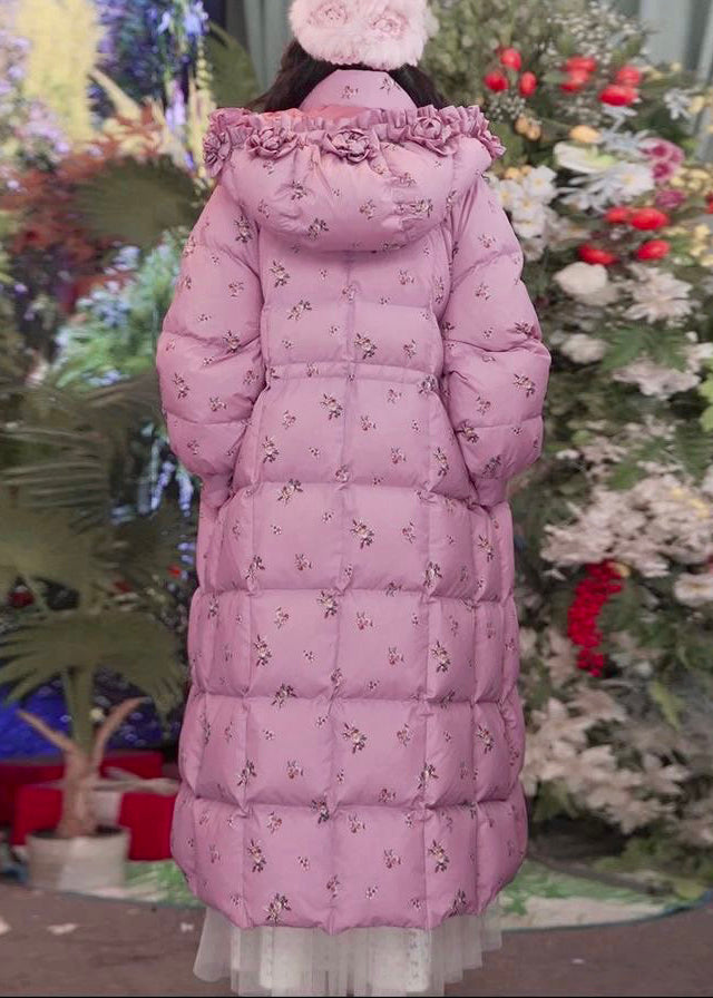 Slim Fit Pink Hooded Ruffled Print Side Open Duck Down Down Long Coat Winter