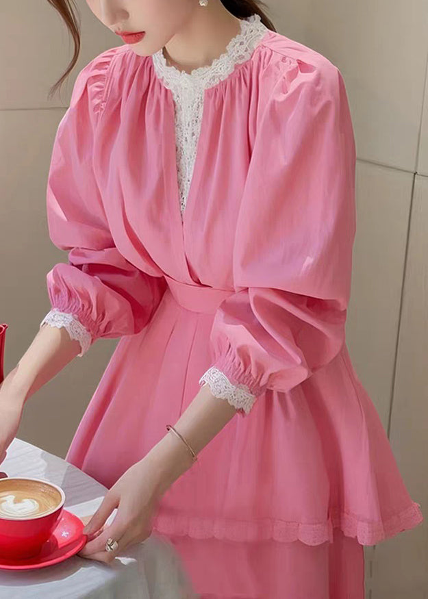 Slim Fit Pink Lace Patchwork Cotton Blouse Fall