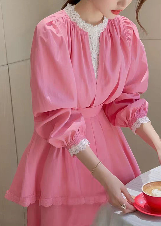 Slim Fit Pink Lace Patchwork Cotton Blouse Fall