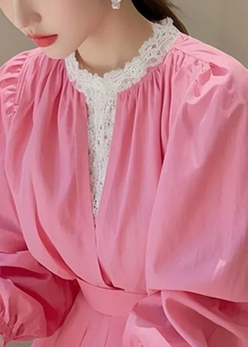 Slim Fit Pink Lace Patchwork Cotton Blouse Fall