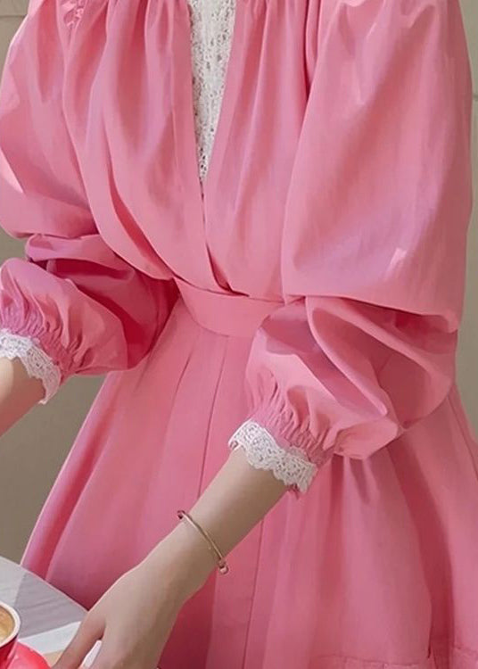 Slim Fit Pink Lace Patchwork Cotton Blouse Fall