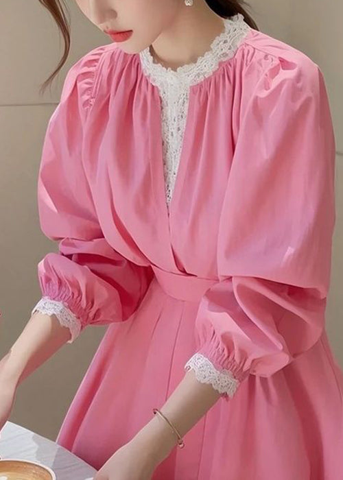 Slim Fit Pink Lace Patchwork Cotton Blouse Fall