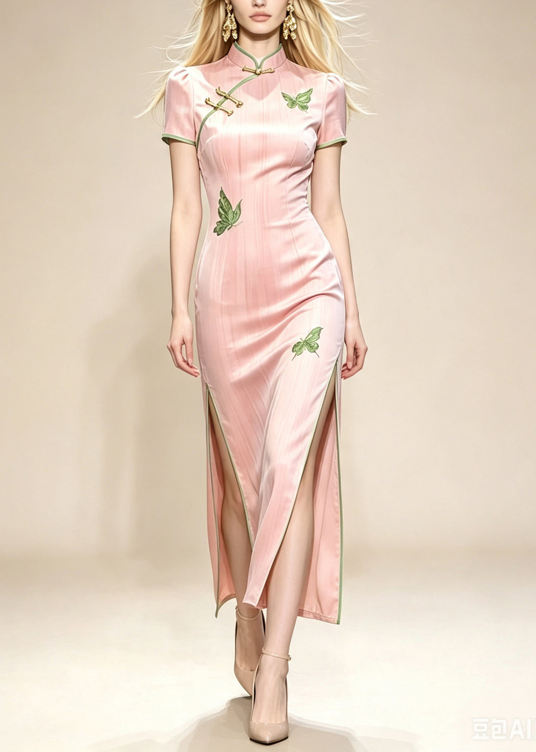 Slim Fit Pink Mandarin Collar Side Open Maxi Dresses Short Sleeve