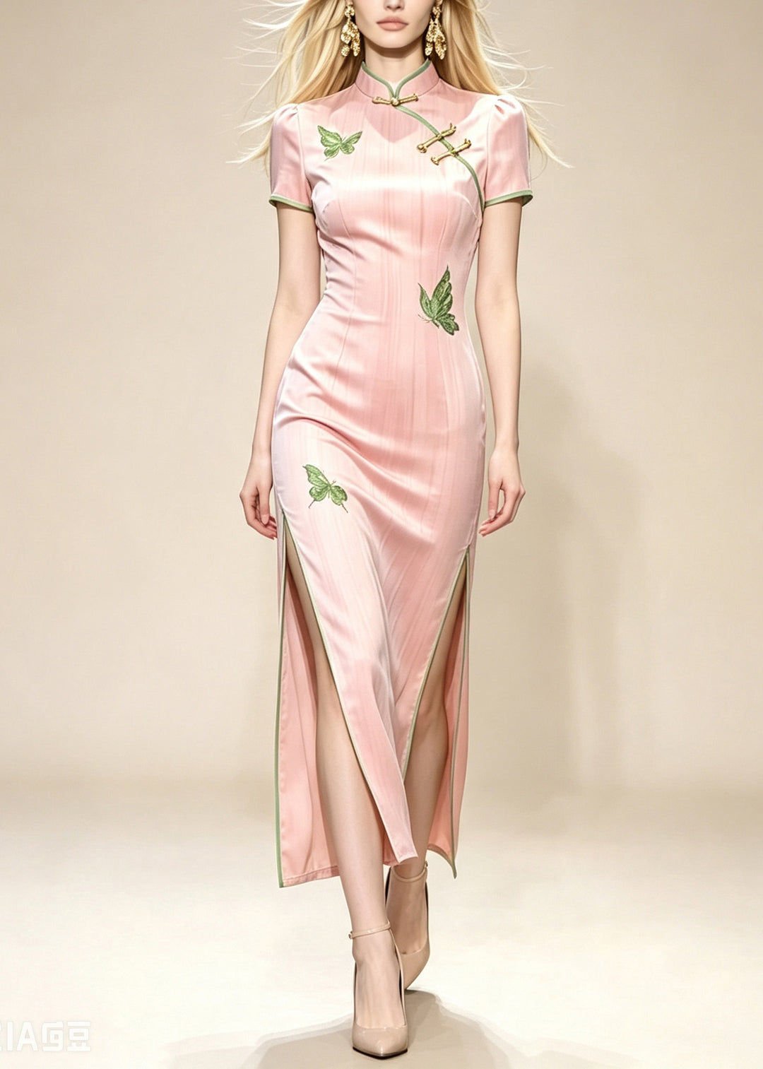 Slim Fit Pink Mandarin Collar Side Open Maxi Dresses Short Sleeve