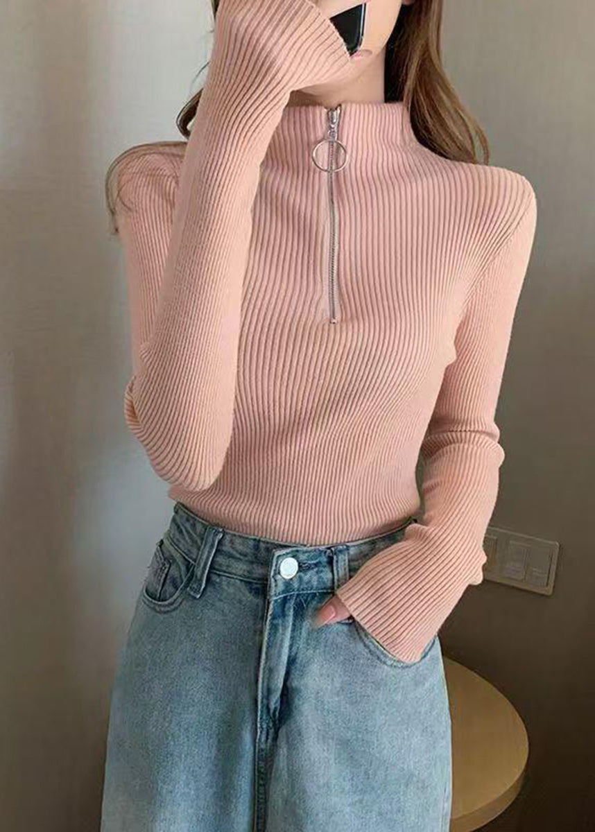 Slim Fit Pink Mock Nece Zip Up Knit Sweater Tops Fall