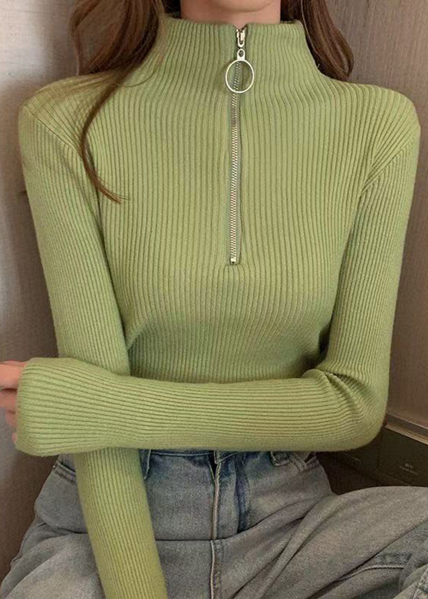 Slim Fit Pink Mock Nece Zip Up Knit Sweater Tops Fall