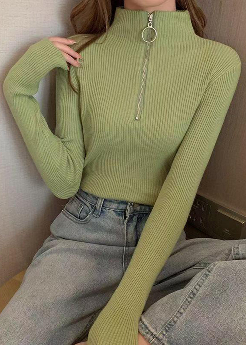 Slim Fit Pink Mock Nece Zip Up Knit Sweater Tops Fall