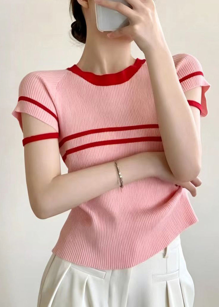 Slim Fit Pink Red Striped O-Neck Knit Shirt Tops Short Sleeve