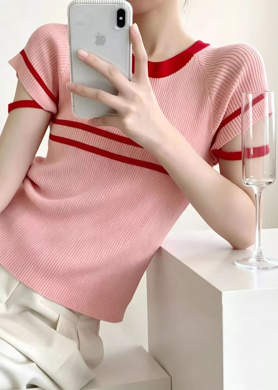 Slim Fit Pink Red Striped O-Neck Knit Shirt Tops Short Sleeve
