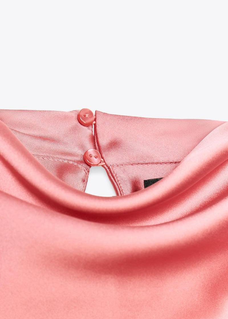 Slim Fit Pink Turtleneck Button Solid Silk Long Dress Sleeveless