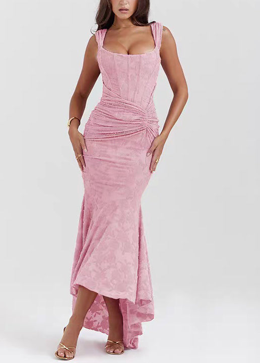 Slim Fit Pink Wrinkled Print Cotton Spaghetti Strap Dress Summer